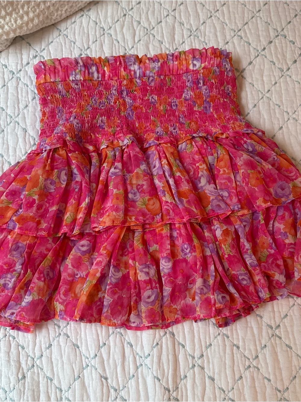 The Reset Floral Smocked Tiered Mini Skirt - Pink, Orange, Purple
